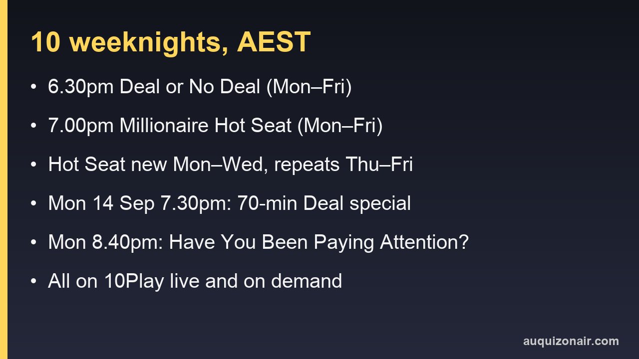Information card with 10's weeknight quiz schedule