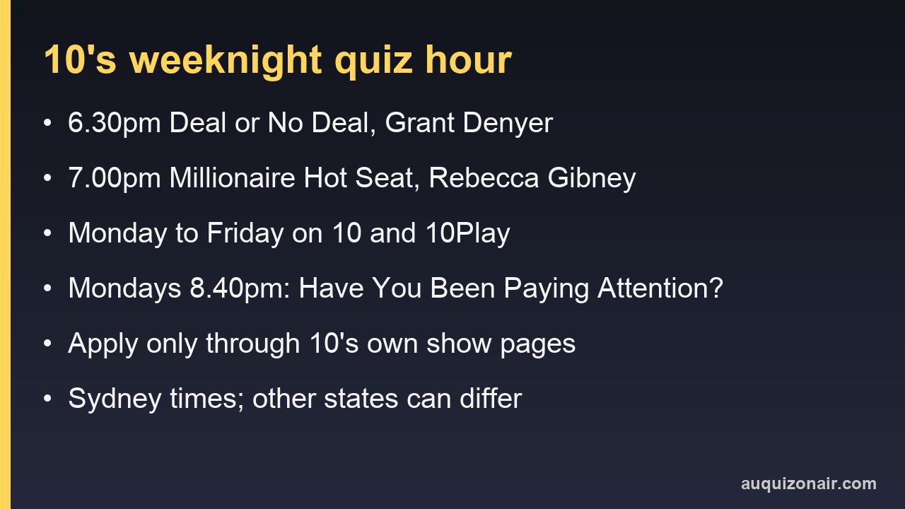 Information card listing 10's weeknight quiz schedule