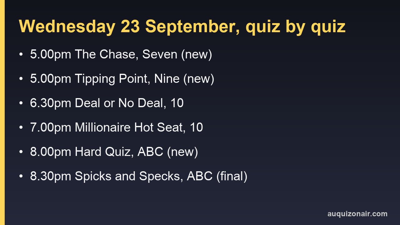 Card listing Wednesday 23 September quiz shows from 5pm to 8.30pm with channels