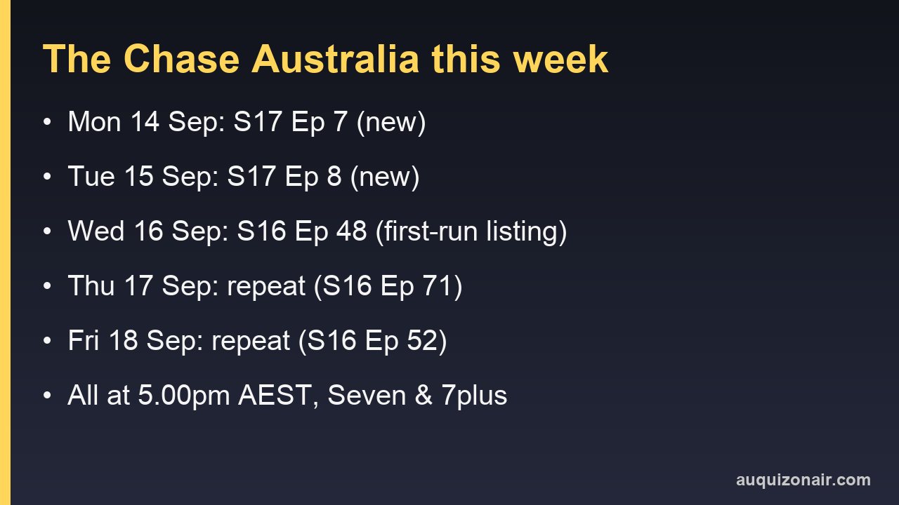 Information card listing The Chase Australia episodes for 14 to 18 September