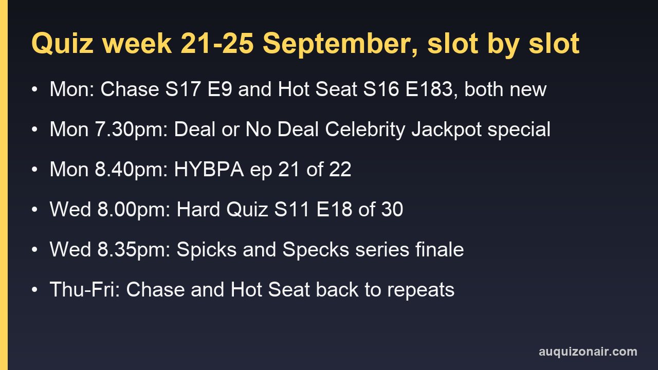 Information card listing the Australian quiz shows scheduled from 21 to 25 September 2026