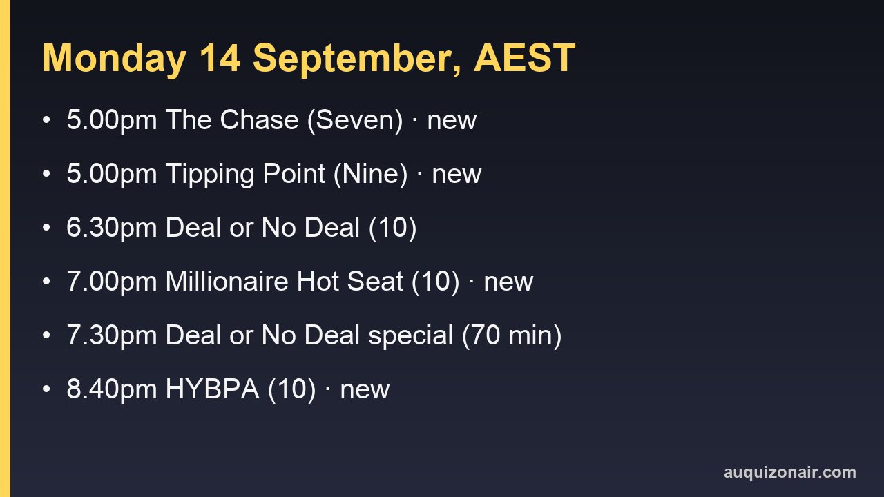 Information card with Monday 14 September quiz show times