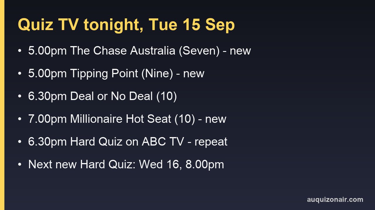 Information card listing Tuesday 15 September quiz shows and times