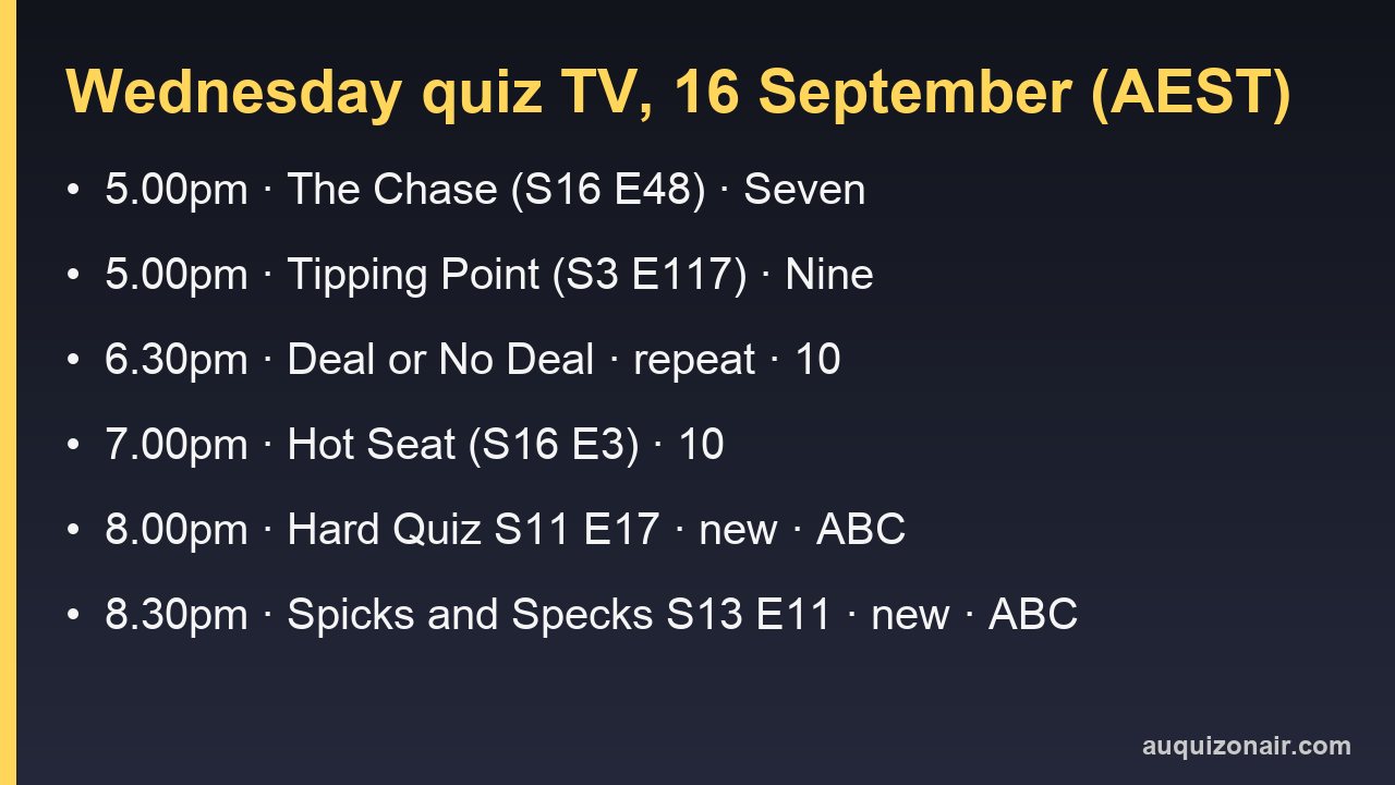 Information card listing Wednesday 16 September quiz shows with AEST times and episode numbers