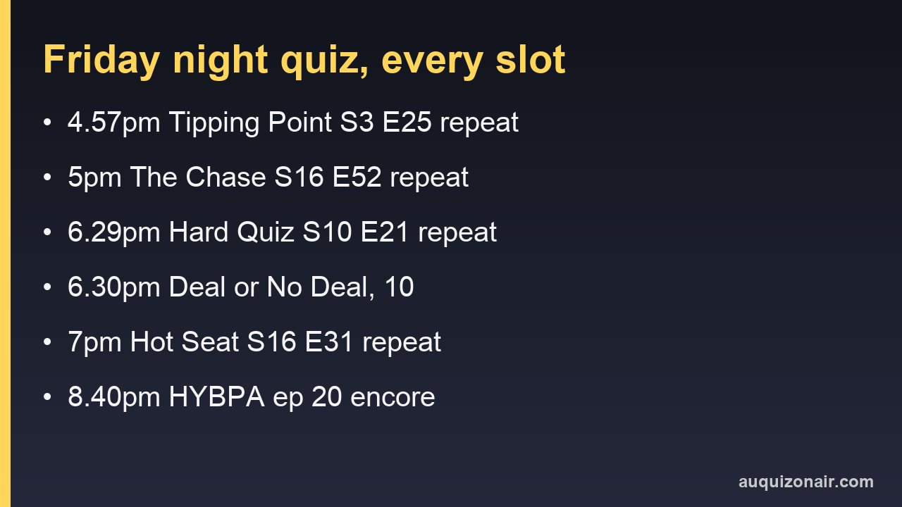 Card listing Friday 18 September 2026 Australian quiz show times and episode numbers