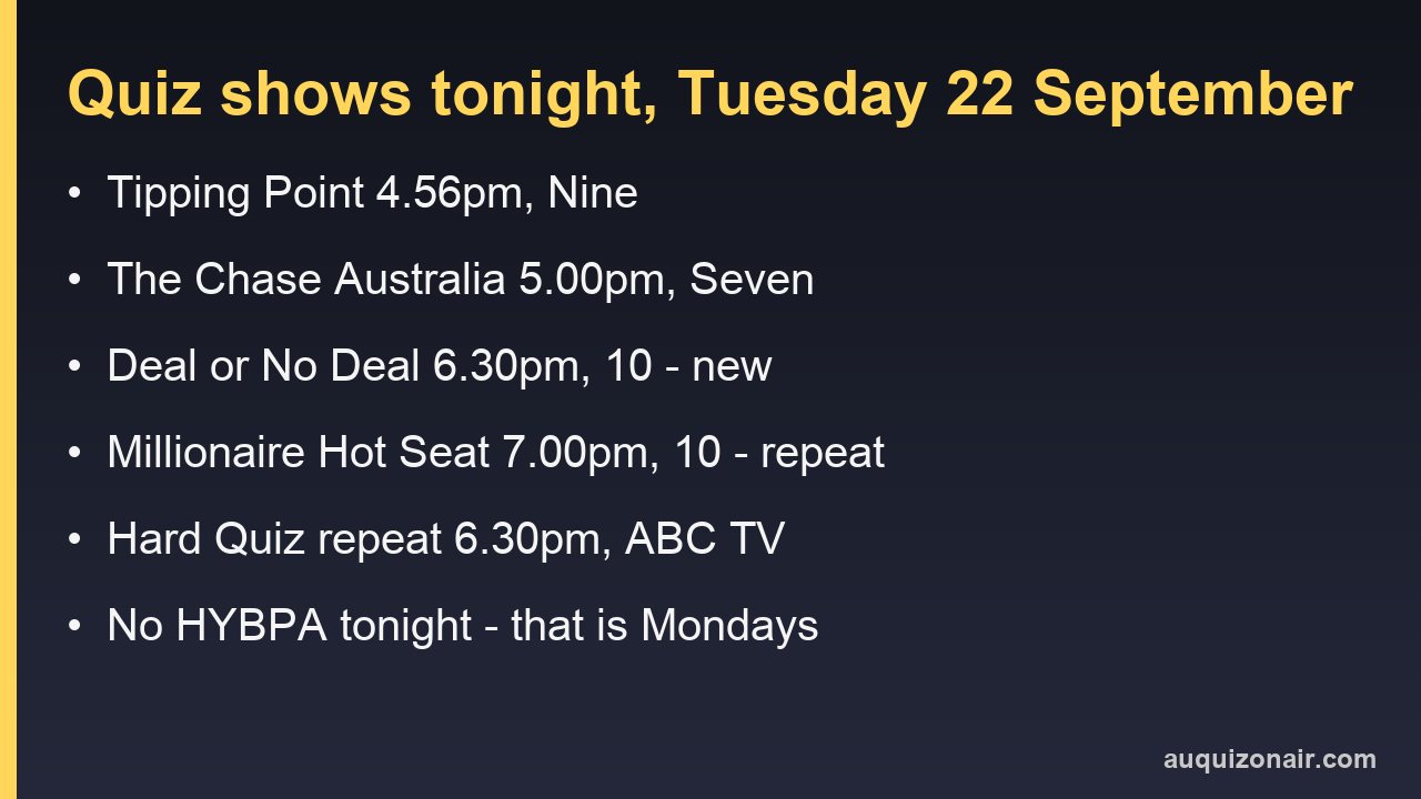 Australian quiz shows on tonight, Tuesday 22 September 2026, with times and channels