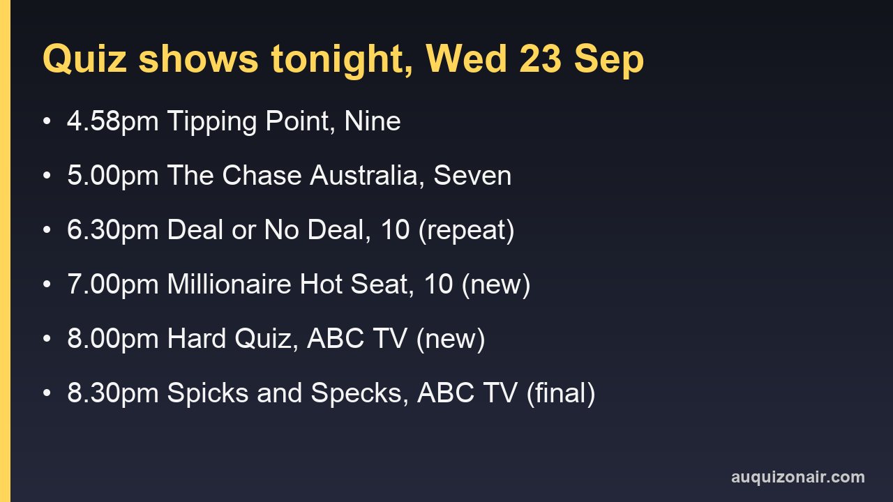 Australian quiz shows on tonight, Wednesday 23 September 2026, with times and channels